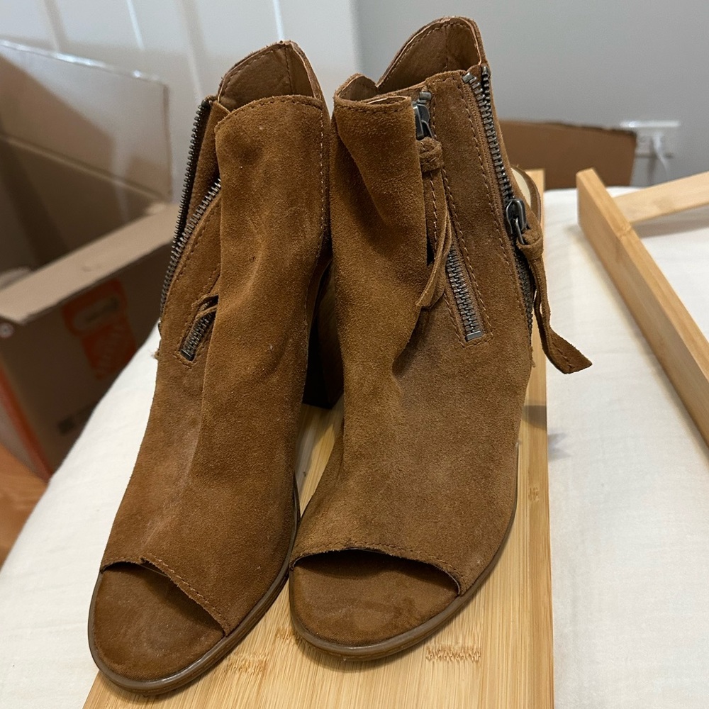 Tan Suede Open Toe Booties